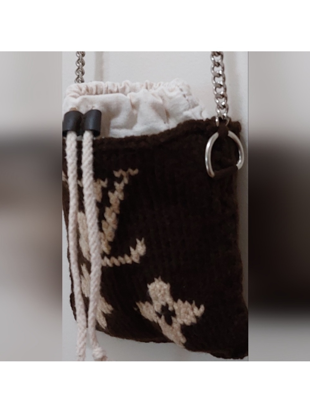 New In   Brown Knit Mini Pouch With LV Logo On Front + Silver Chain